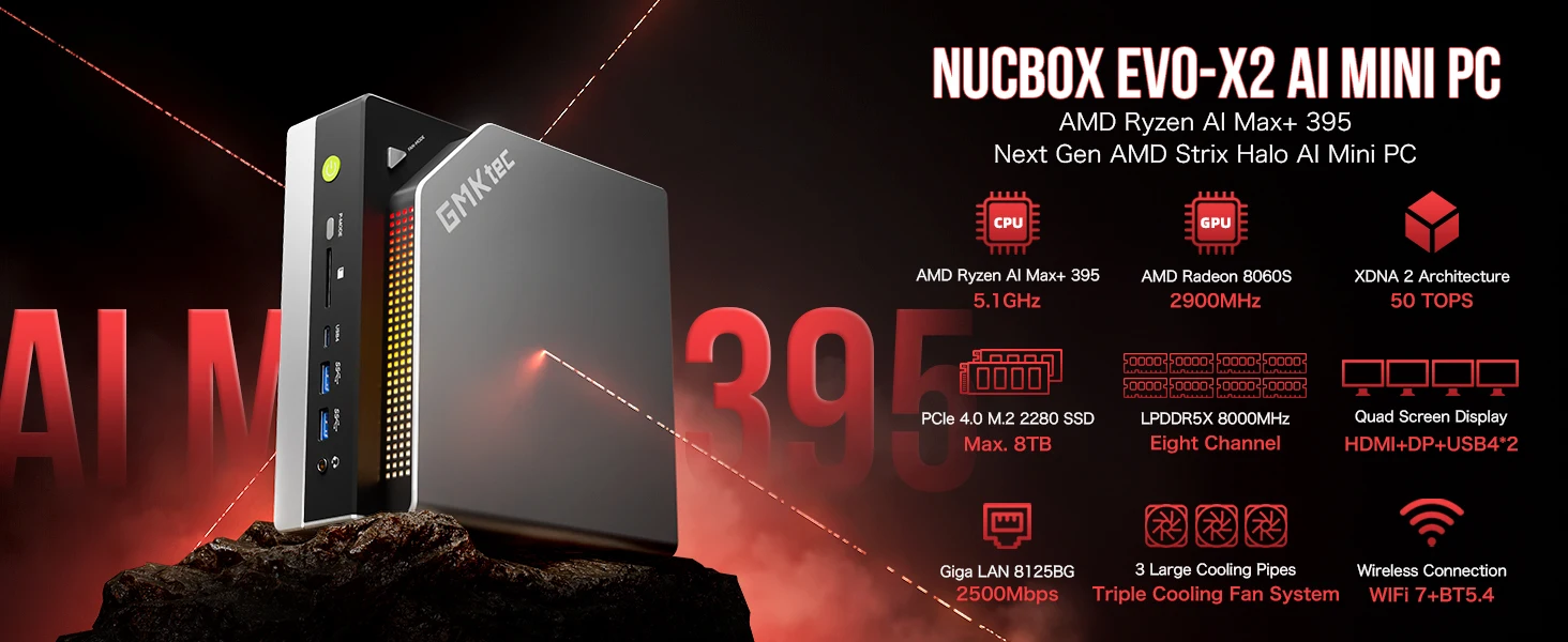 GMKTec Mini PC EVO-X2 AMD Ryzen Al Max+ 395 Radeon 8060 Windows11 Pro LPDDR5 128GB 2TB PCle 4.0 NVMe Wif7 BT5.4 8K Mini PC Gamer