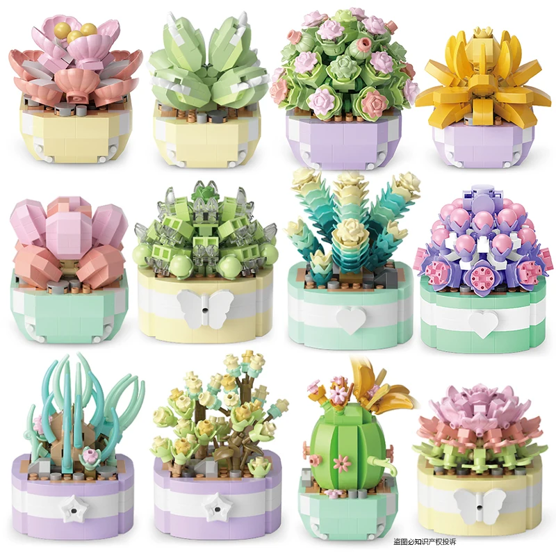 

Creative Plant Bonsai Flower Series Cactus Desktop Decoration Micro Building Blocks Bricks Toys Christmas Gifts