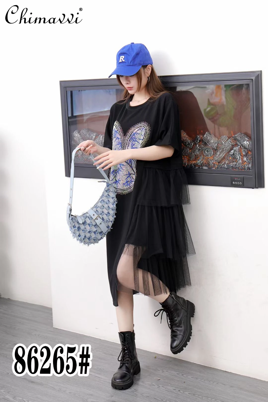 

Fashion Short Sleeve Dress Summer New Round Neck Sequins Loose-Fit T-shirt Dress Girly Style Stitching Mesh Large-Sized Dresses