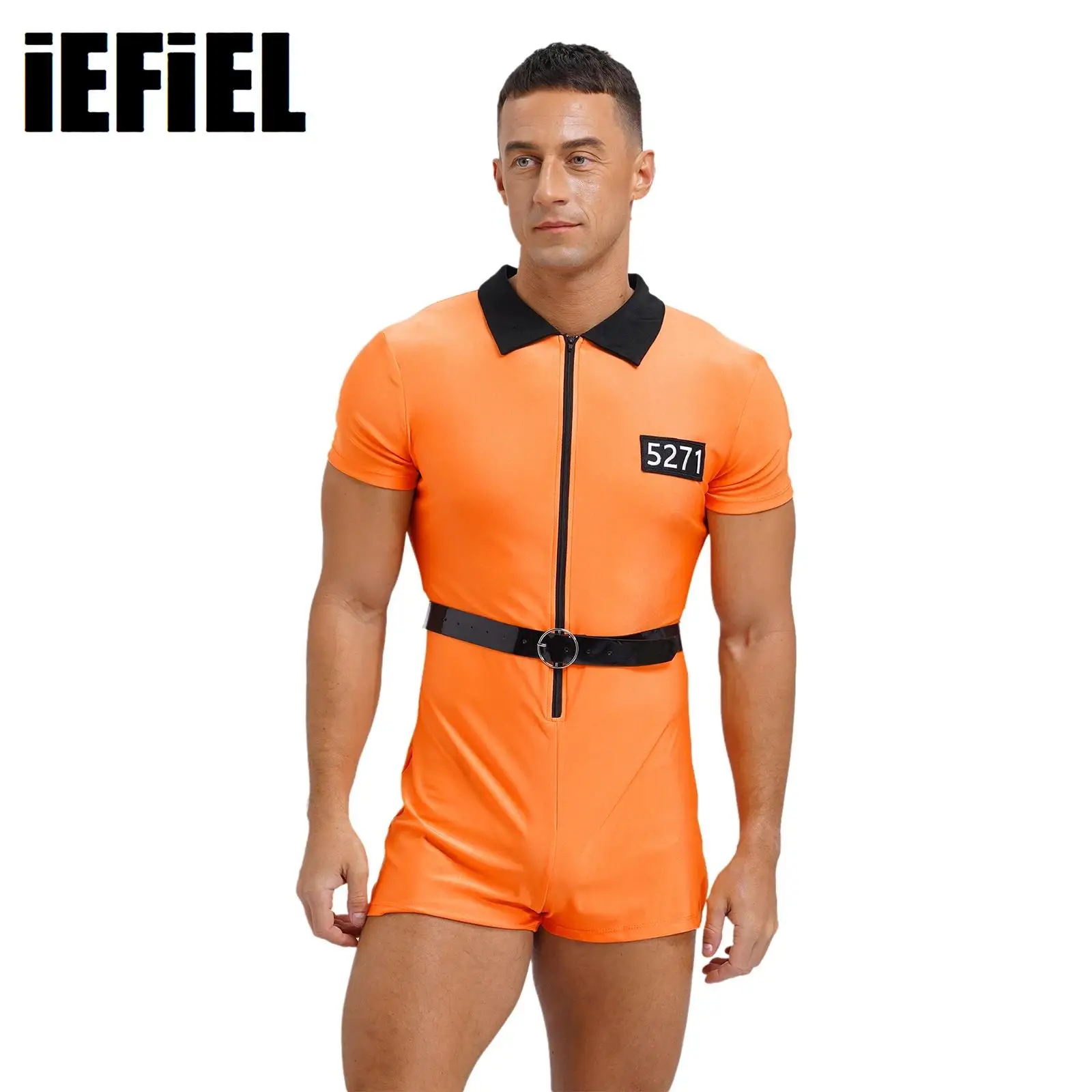 

Prisoner Role Play Costume for Mens Fancy Ball Halloween Party Outfit Zipper Short Sleeve Jumpsuit with Belt