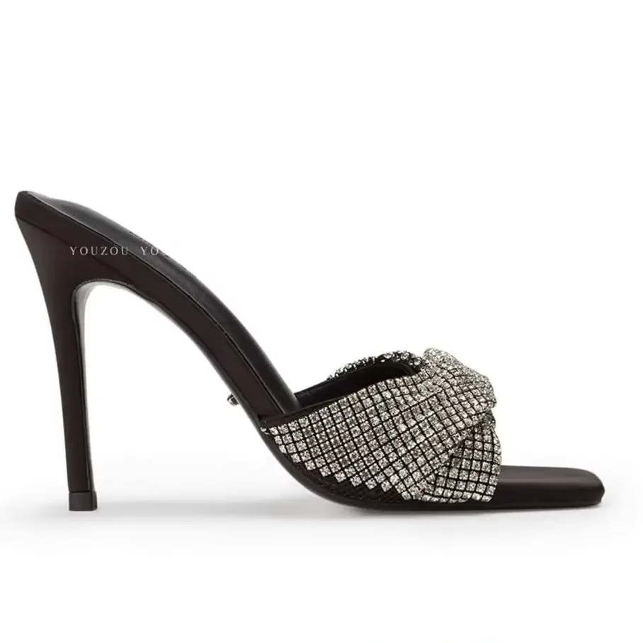 

Crystal Bling Bling Women Slippers Rhinetone Pleated Cloth Slip-on Shiny Slides Open Toe Thin Heels Summer Sexy Fashion Sandals