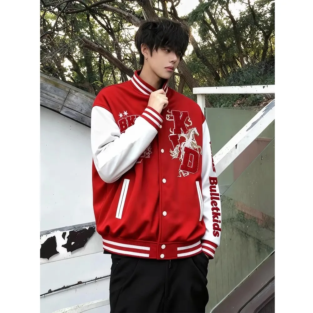 Heavy Embroidery Baseball Jacket Men's Vintage Woolen Design Outerwear Couple's Style Summer Fashion Loose Fit Polyester Fiber