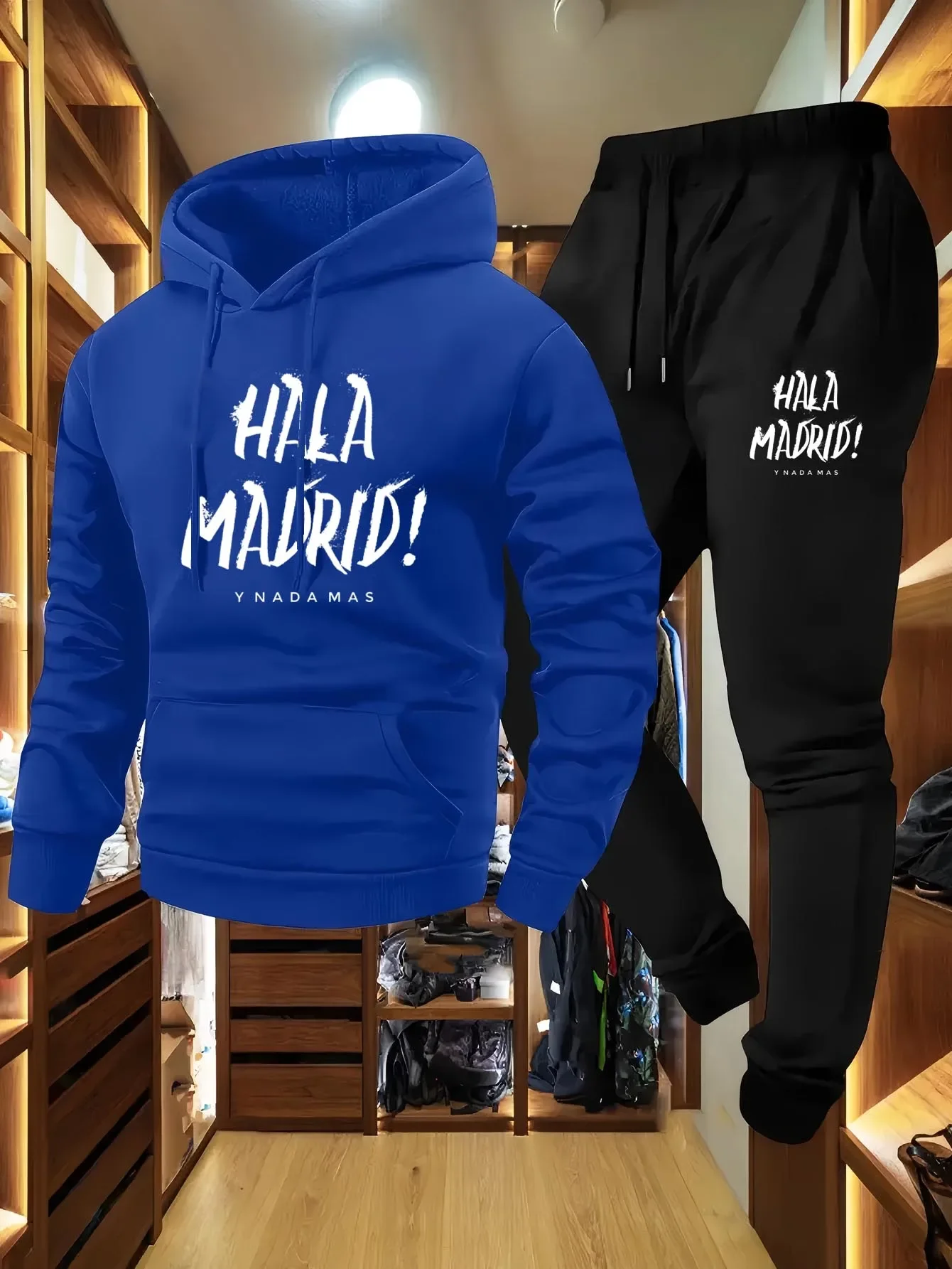 Мужская толстовка с графическим принтом Hala Madrid и комплект для бега, повседневный свободный крой, вязаный пуловер из полиэстера с эластичным материалом