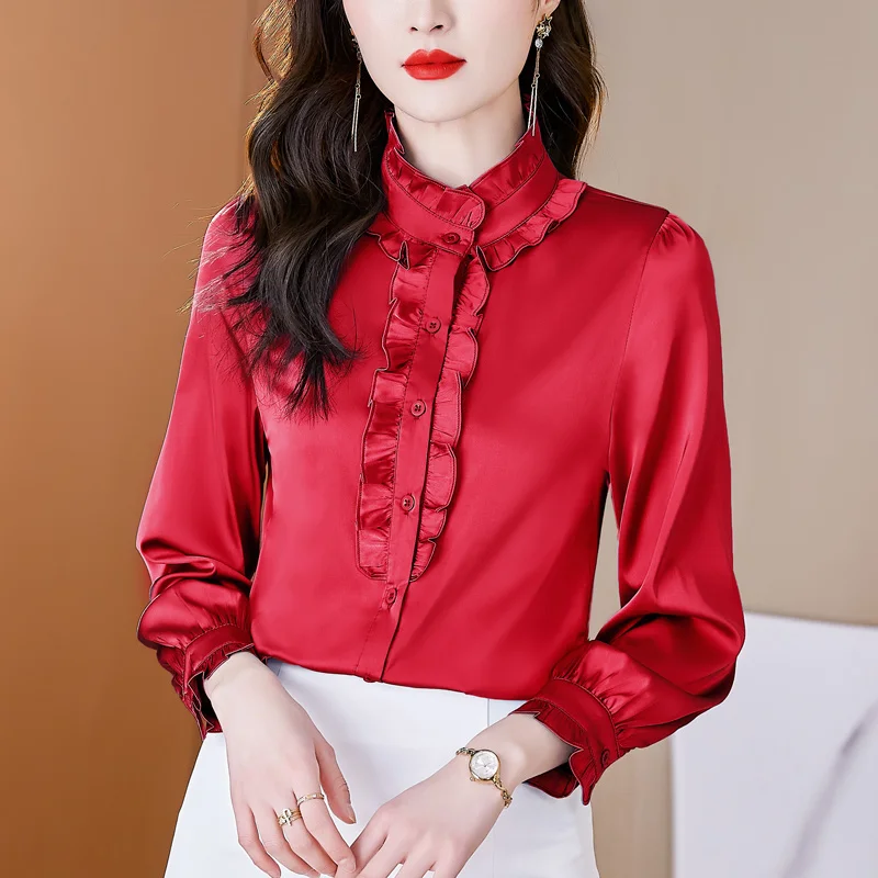 #2505 White Red Purple Grey Satin Shirt Women Ruffles Stand Collar Office Shirt Long Sleeve Womens Tops And Blouses Regular Fit