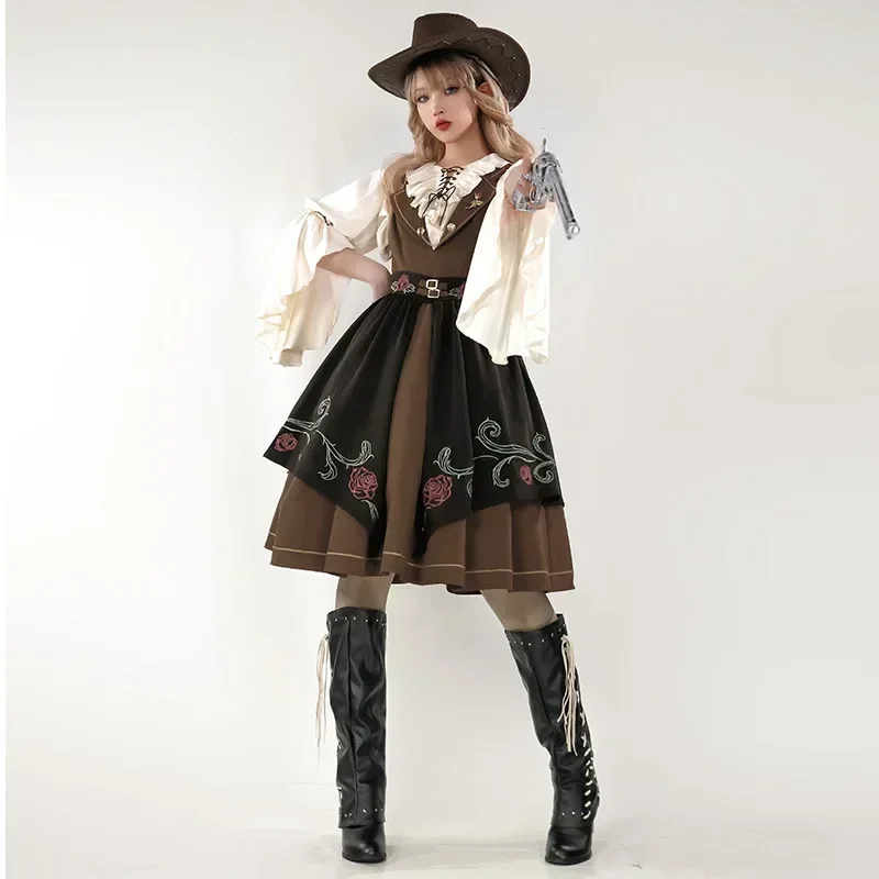 

MAGOGO Original Lolita 2-Piece Dress Set for Women Cool Girl British Wind Vintage JSK Dress Long Sleeve Shirt with Belt