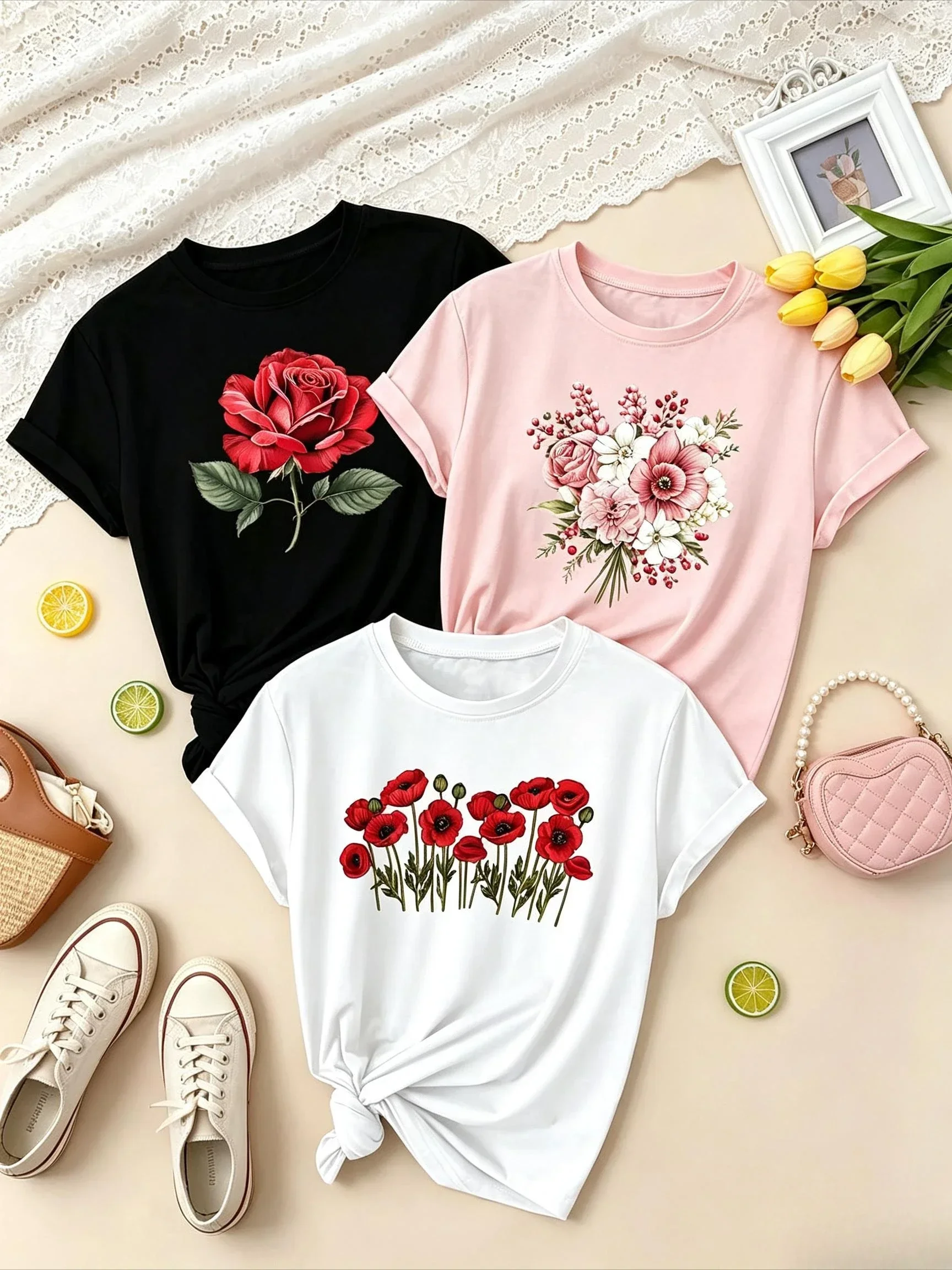 2026 Women Coquette Aesthetic 3-Pack Summer T-Shirt Multipack, Rose & Red Poppy Flower Floral Graphic Print Tees, Crew Neck Short Sleeve Casual Tops For Daily Outfit