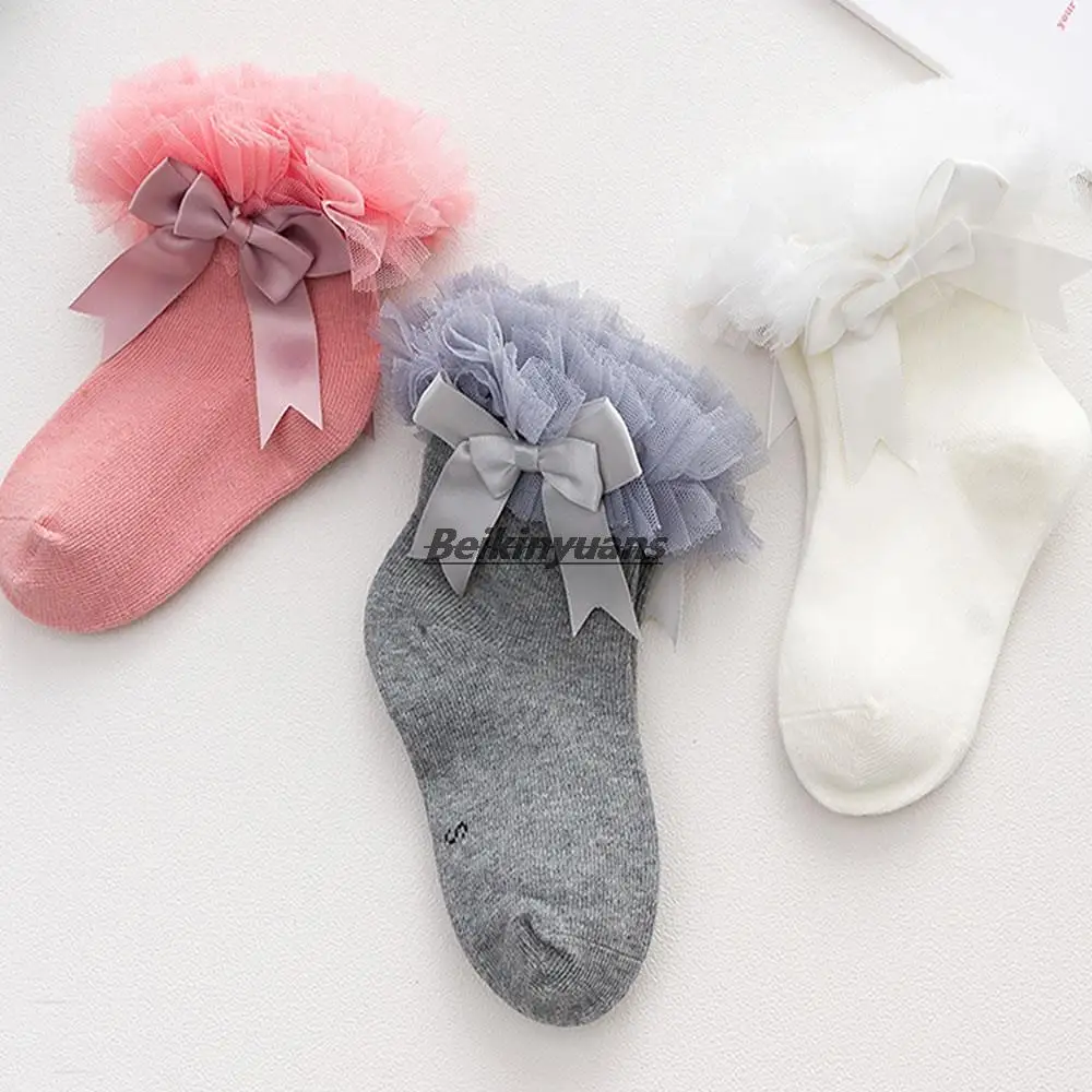 Girls Lace Princess Socks Cotton Big Lace Bowknet Princess Newborn sokken Baby Knee High Socks Toddler Lace legwarm