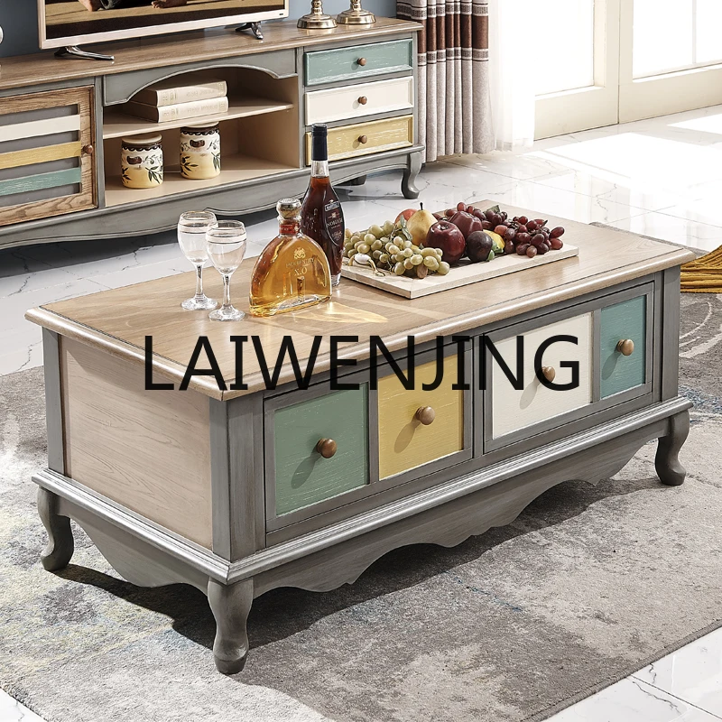 RWJ American Country Wooden Tea Table TV Cabinet Unit Mediterranean Retro Living Room Furniture