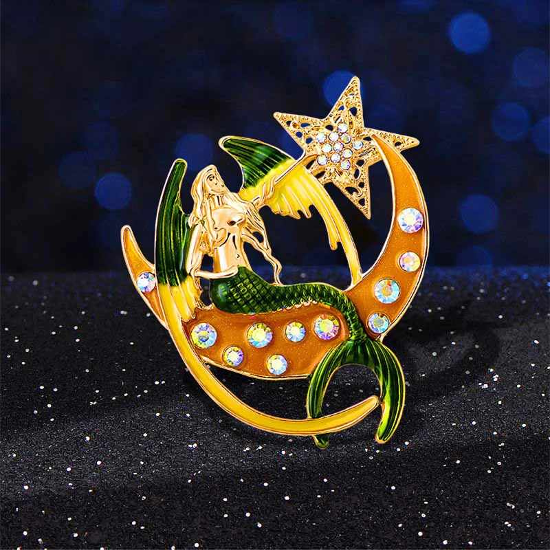 New Creative Elegnat Women Mermaid Moon Enamel Brooches Pins Exquisite Crystal Start Vintage Badges For Lady Party Wedding