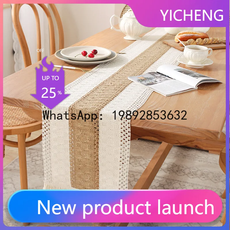 Hys cotton linen table runner color block tassel long tablecloth tea table runner decoration