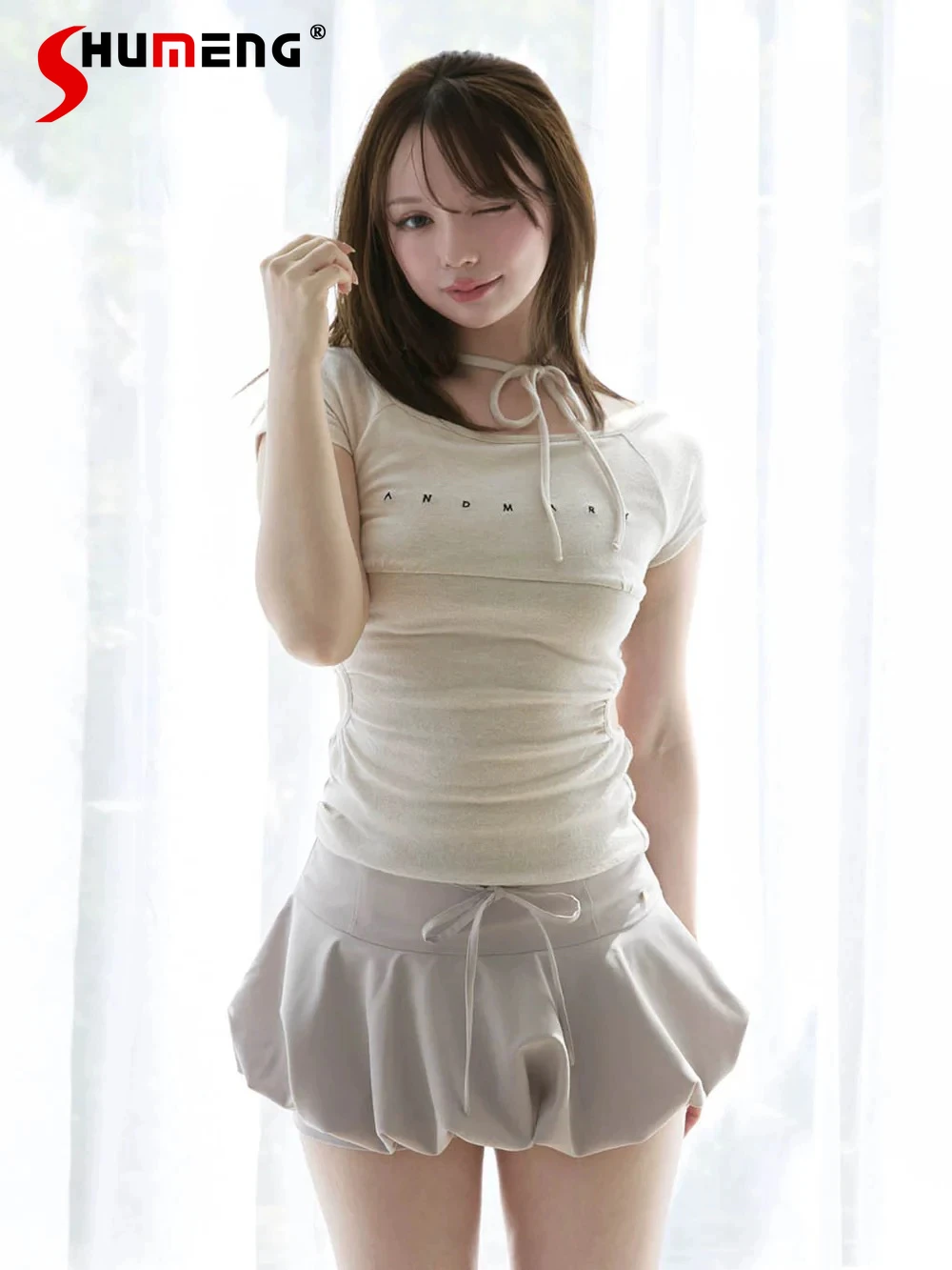 

Japanese Sweet Letter Embroidered Short Sleeve Tops Summer 2025 Girls Women's Slim-Fit Off-Shoulder Hollow Out Sexy T-Shirt