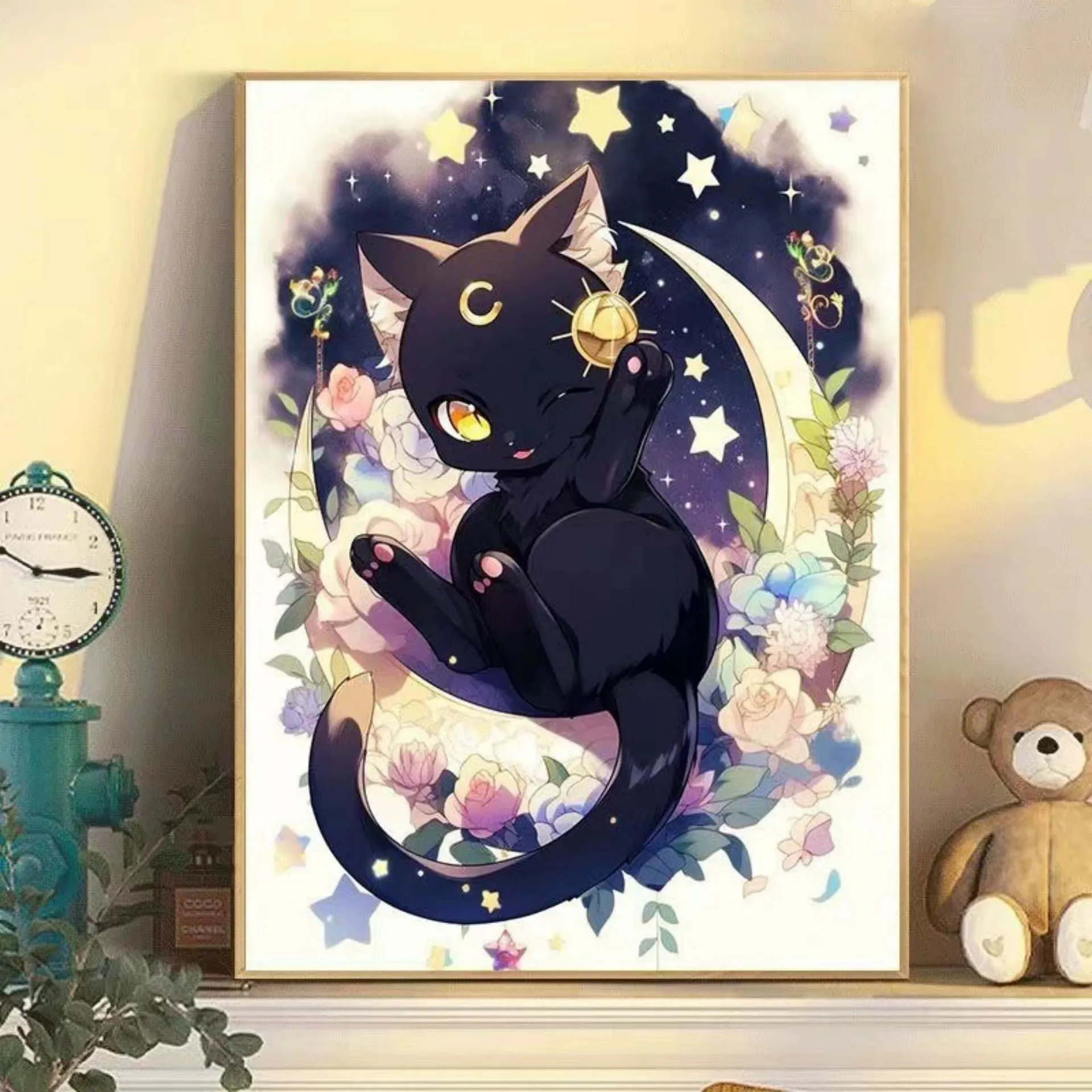YJ005-irlish Digital Oil Painting Magic Black Cat Star Moon Flowers