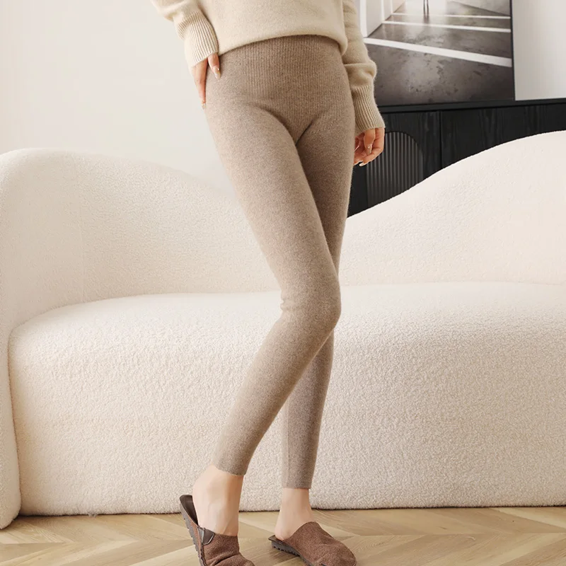 Autumn and winter 100% goat wool pants knitted leggings women's slim fit warm pants with waist cinching and hip lifting