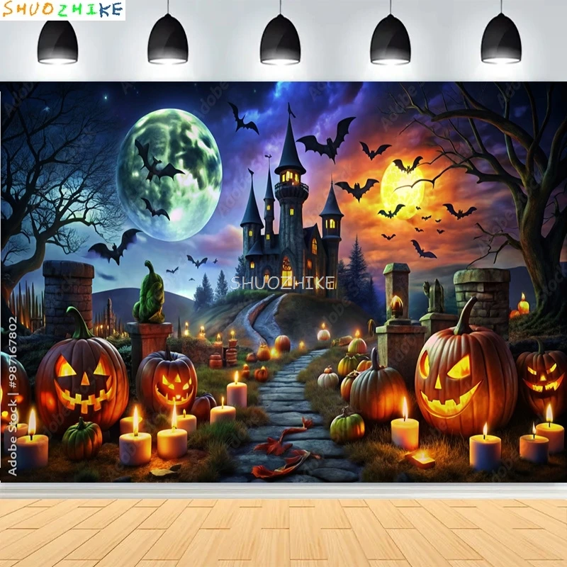 أشباح جاك أو فانوس يوم الهالوين خلفيات للتصوير الفوتوغرافي القلعة مقبرة الرعب القرع القمر استوديو الصور خلفية KB-07