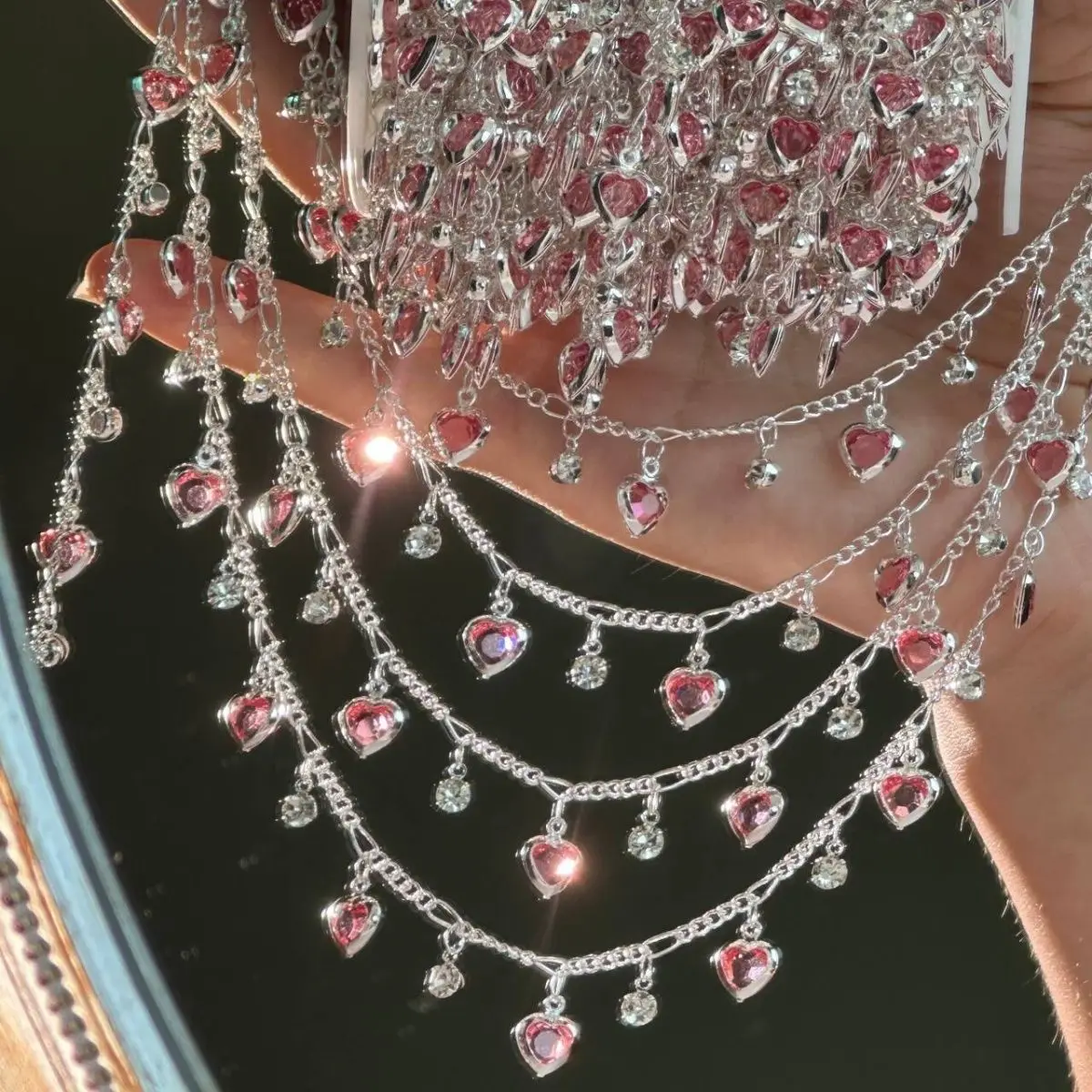 Sweet Style Pink Heart Crystal Chain Colorfast for Hair Braiding Stage Costume DIY Craft Supplies