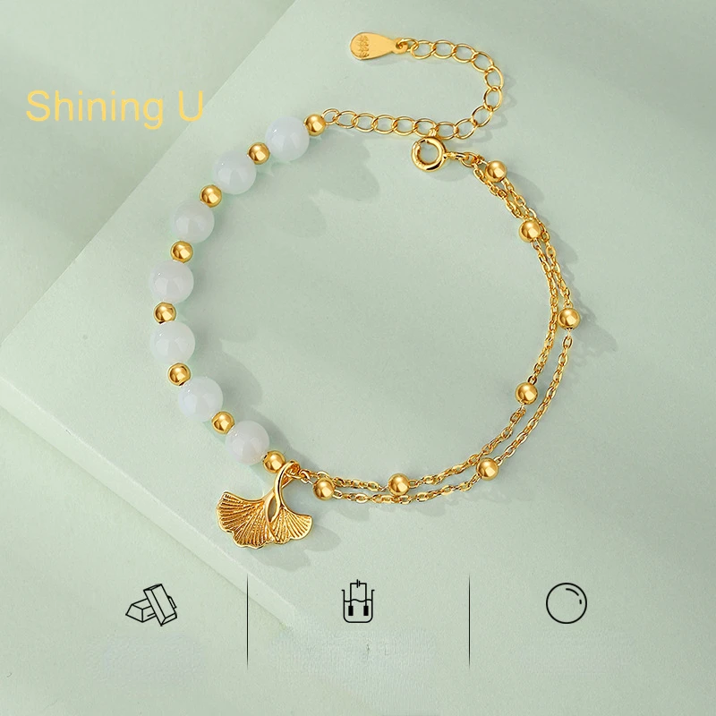 Shining U S925 Silver Hetian Jade Ginkgo Leaf Bracelet for Women Gold Plated Fine Jewelry New Chinese Style Gift