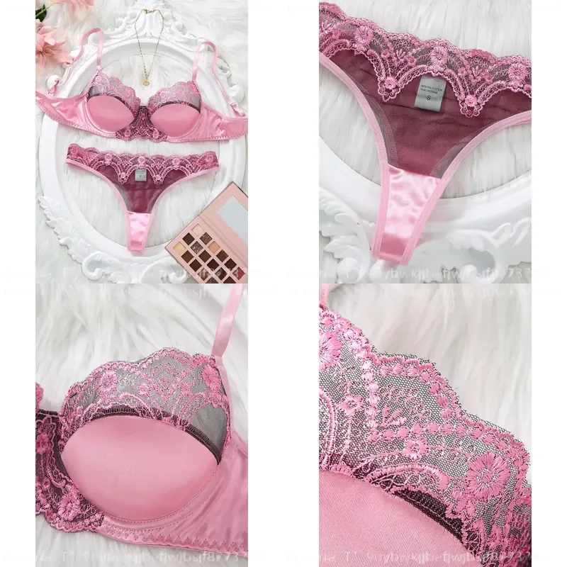 Women Romantic Pink Lace Lingerie Set Padded Balconette Bra Sheer Thong Satin Trim Date Night Valentine Underwear