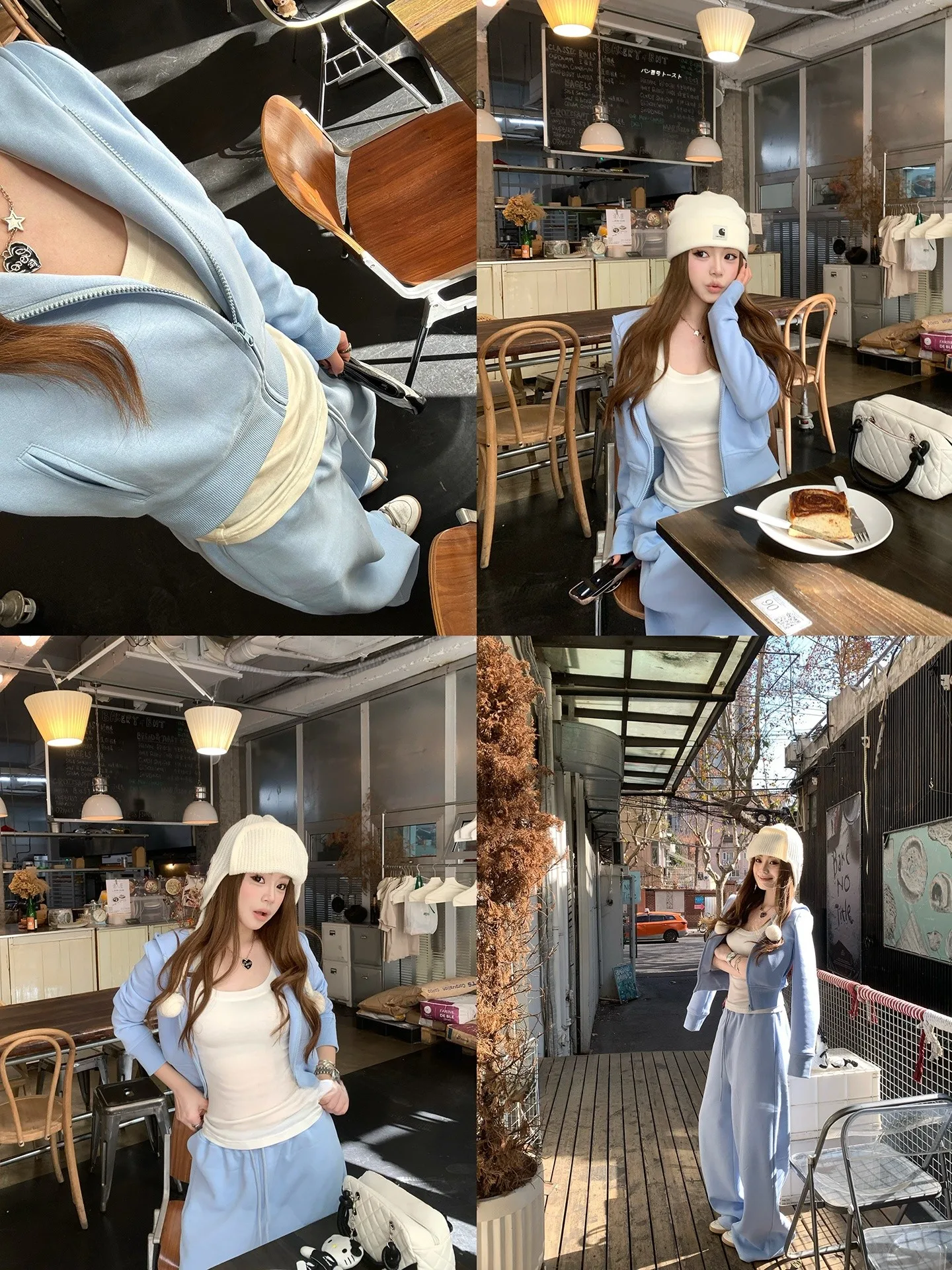 

Blue Hoodie Set with Waist-Cinching Jacket And Sporty Wide Leg Pants Soft Mist Mousse by Changing Real Women's Fashion Ensemble