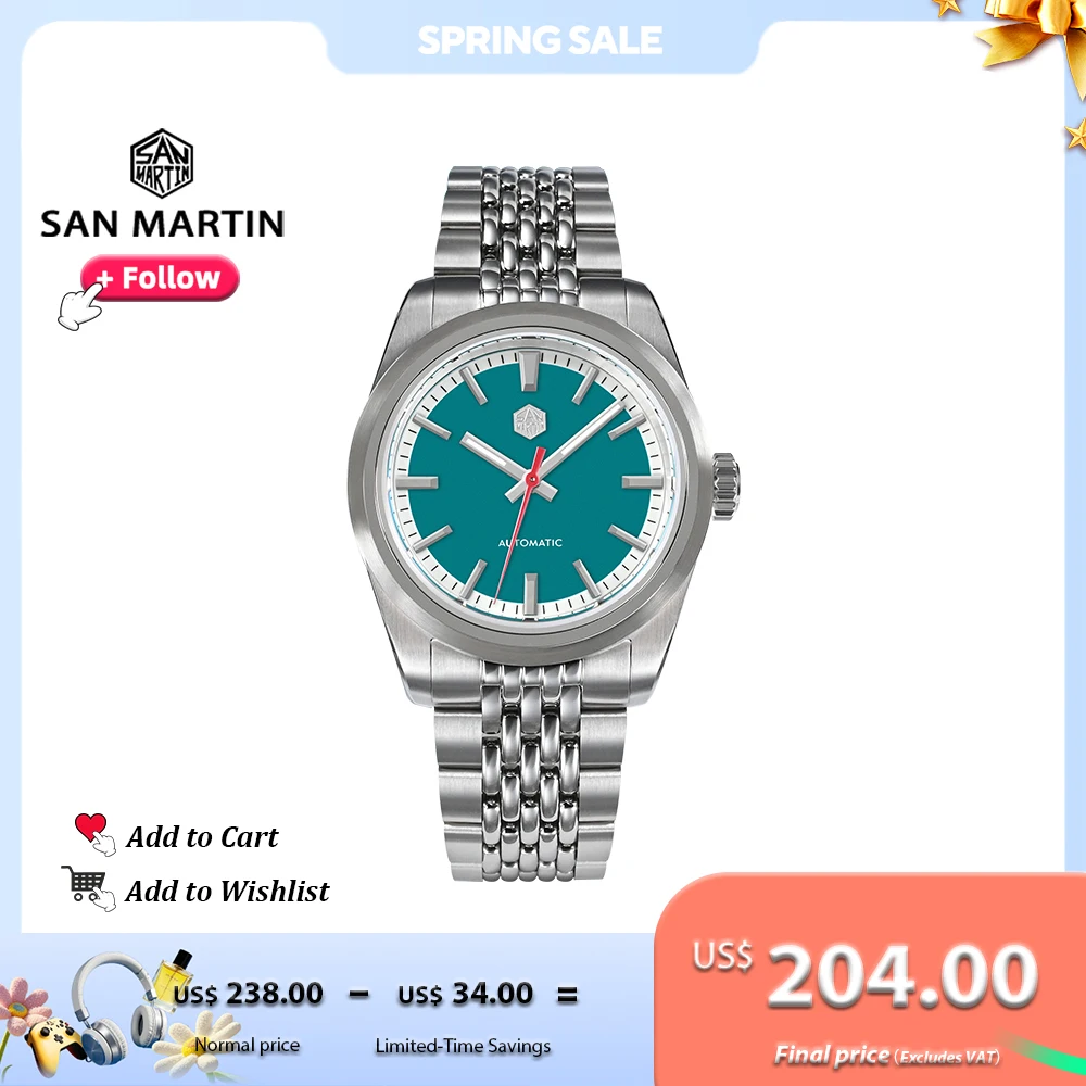 San Martin-Reloj de acero inoxidable para hombre, pulsera mecánica automática, resistente al agua, de estilo Simple, de 37mm, 200m, BGW9 SN0106G