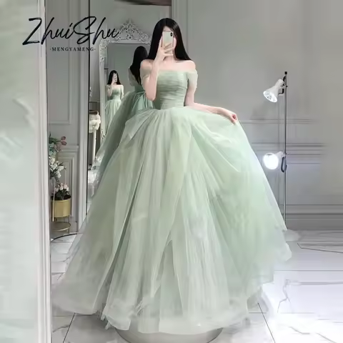 Fairy Green Tulle Evening Dress Korea Photo Shoot Strapless Off Shoulder Bridal Party Dress A line Log Corset Customized