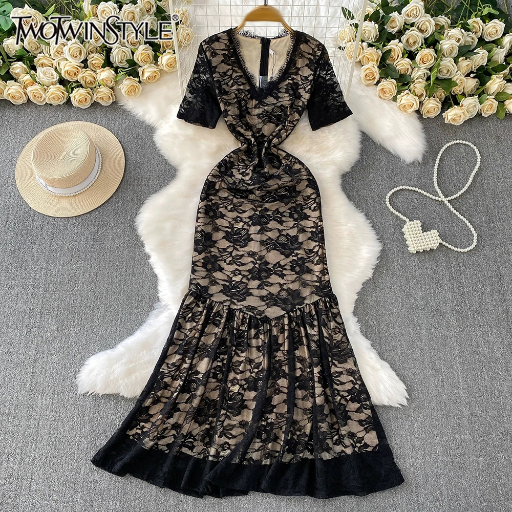

TWOTWINSTYLE Slimming Sexy Solid Lace Long Dresses For Women V Neck Short Sleeve High Waist Elegant Dress Female New KDR545375