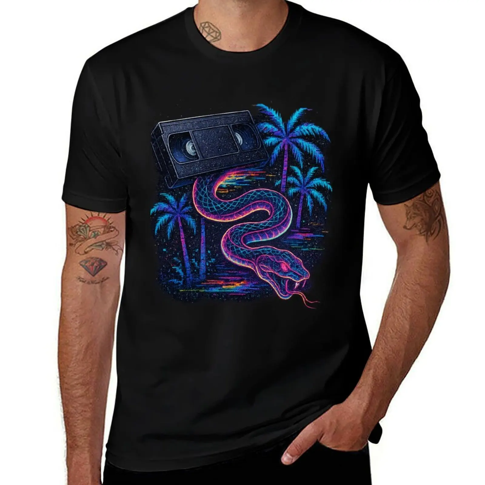 

Neon VHS Snake – Retro Synthwave Aesthetic Art T-Shirt Short sleeve tee Louboutins funny shirt cotton men clothing