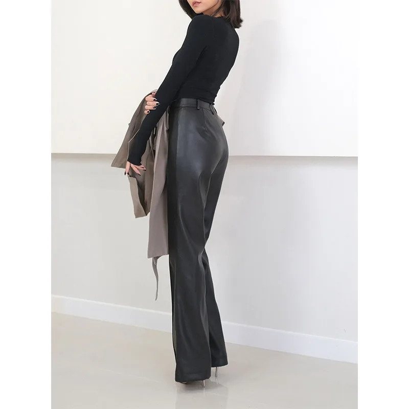 Leather pants, sheepskin straight-leg suit pants, vertical strips showing thin long legs, casual versatile women's pants