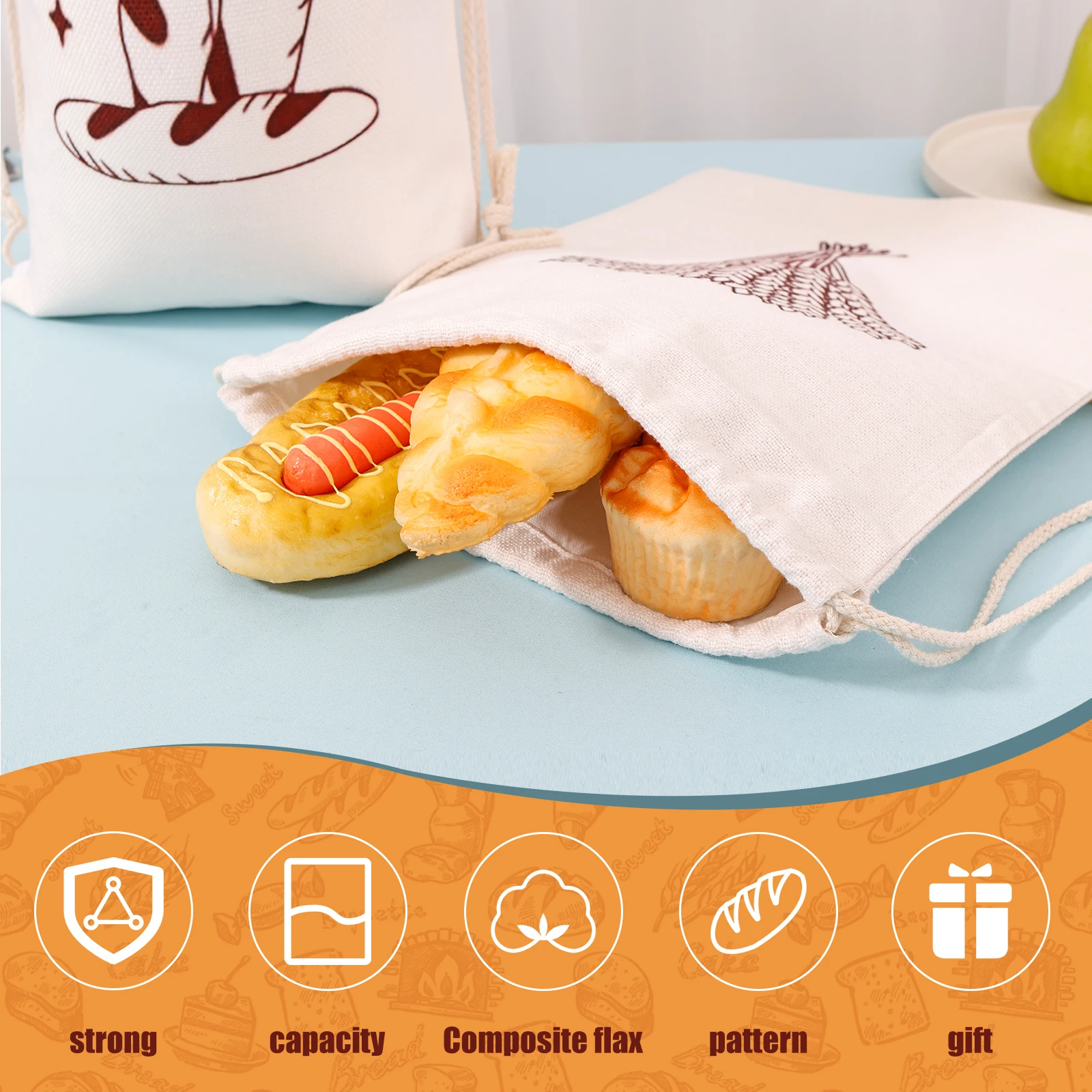 2/4Pcs Linen Bread Bags Large Capacity Reusable Drawstring Bread Container for Homemade Artisan Bread Baguette Storage