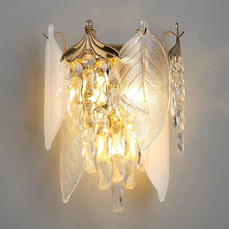 

Postmodern Light Luxury Crystal Leaf Wall Lamp American Bedroom Bedside Living Room Tv Sofa Background Led Lighting