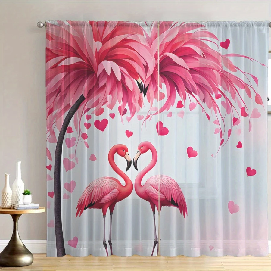2PCS Digital Print Sheer Curtains, Pink Tree Flamingo Bird, Tropical Exotic Summer Style for Bedroom Living Room Home Decor