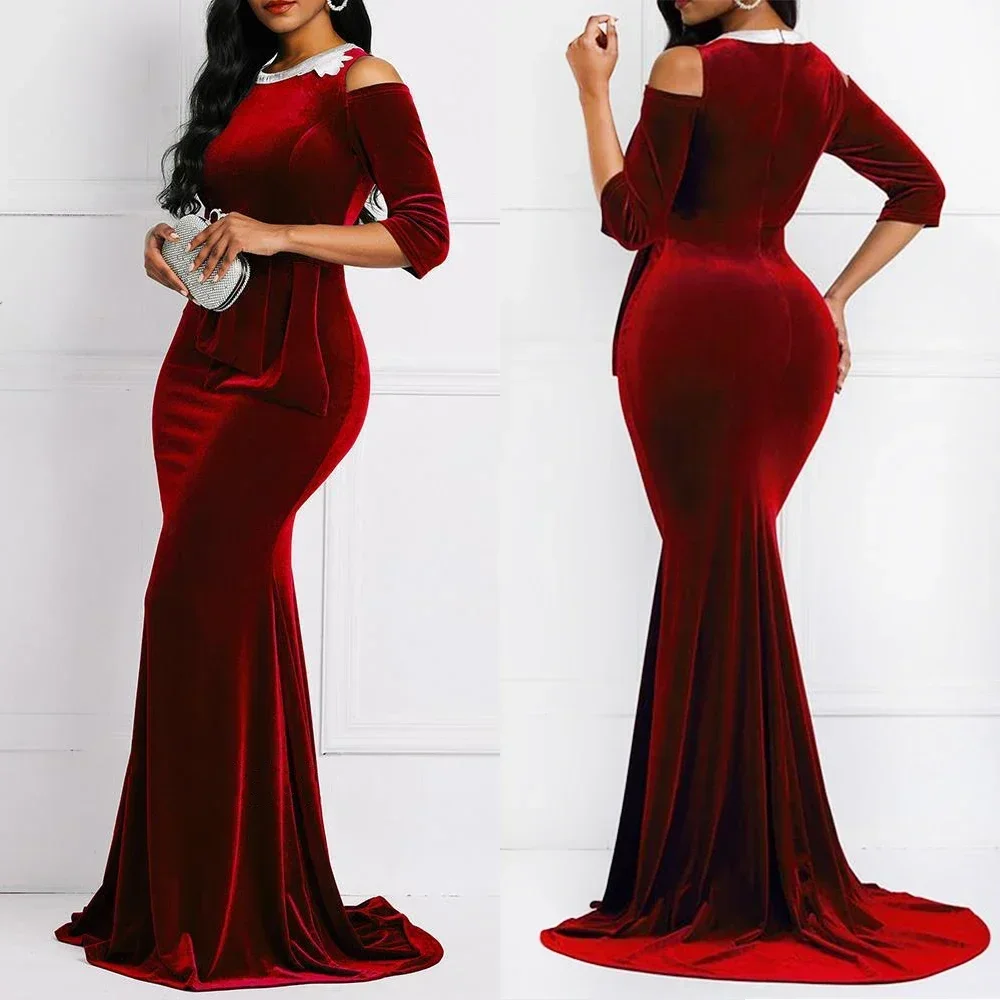 2025 Summer Dress Women Velvet Mermaid Fashion Ankara Red Dress Plus Size Women Robe Ladies Black Sexy Floor Length Maxi Dress