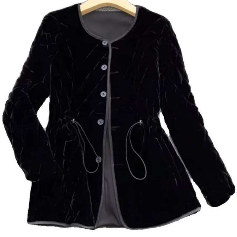

Leisure Diamond Patterned Velvet Jacket Women 2025 New Autumn Drawstring Waist Cotton Female Jacket Casual Coat Woman