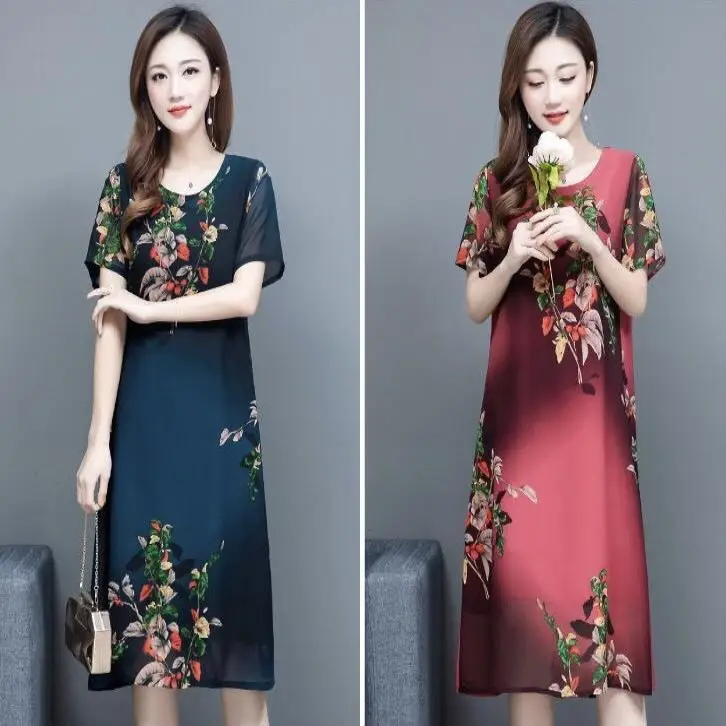 

plus Size Ice Silk Dress Mommy Style Mid-Length Short-Sleeve round Neck Print A-Line Dress Women's CleanFit PVC Polyester Fiber