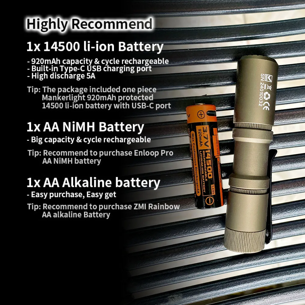 Manker E05 II (Al-sand, Cool white Version, 6500K) Compact Flashlight, High Density White LED Emitter 1300 Lumens, 14500 or AA