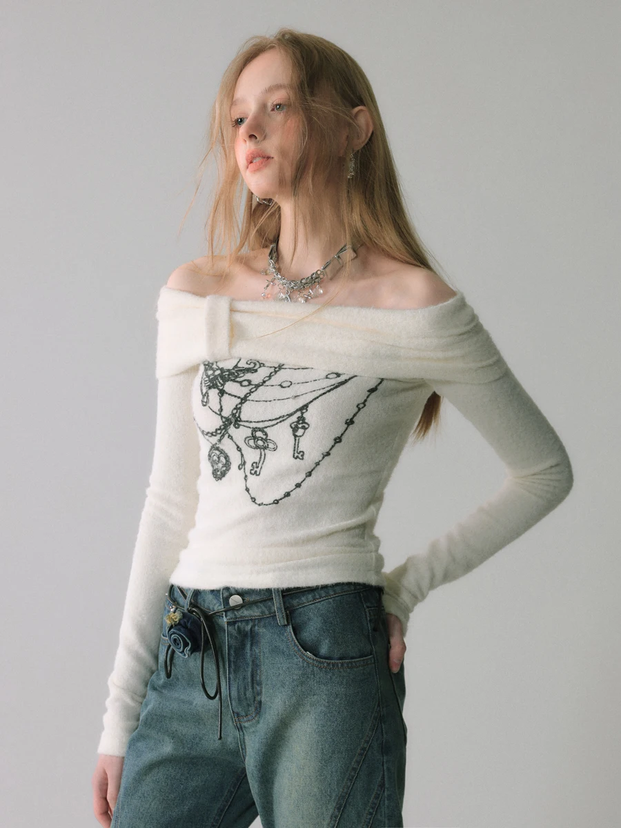 

Сладкий и пикантный топ на одно плечо для женщин, с ретро-принтом, облегающий, с длинными рукавами, нестандартный дизайн, нейлоновая ткань, для повседневной носки, LAC340208