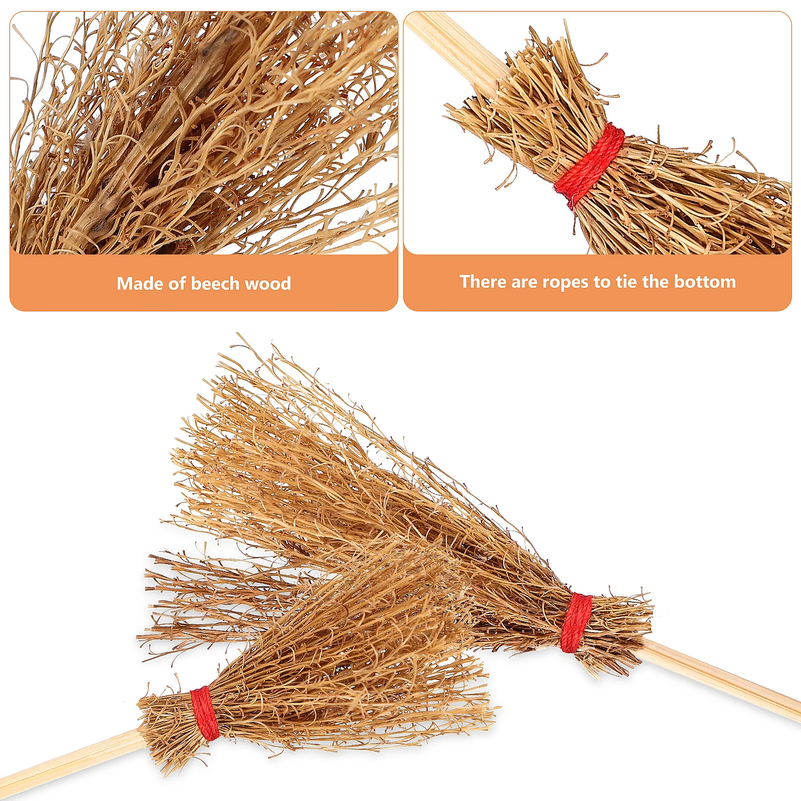 

10Pcs Small Wooden Brooms Detailed Mini Broomsticks Natural Beech Wood Rope-Tied Base for Vintage Style Decor Craft Project