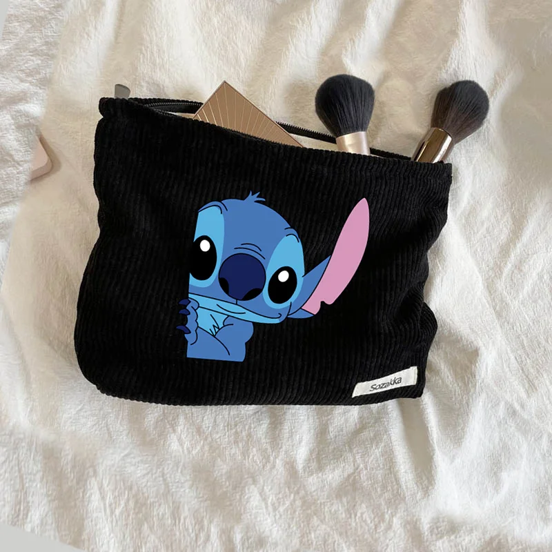 CAN o & Stitch-Trousse de maquillage portable en velours côtelé pour femme, sac à cosmétiques mignon Disney, pochette à fermeture éclair, sacs à main de maquillage, grande capacité