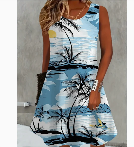 Casual Fashion Vacation Sand Difficulty Leisure Style Leaf Print Dress Loose Sleeveless Tank Dress Summer Beach Party Dress
