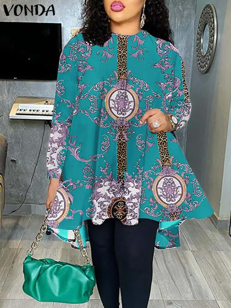 VONDA moda parti Tops 2023 kadınlar zarif ofis bluz yaz uzun kollu Printe gömlek Casual Bohemian boy tunik Baggy