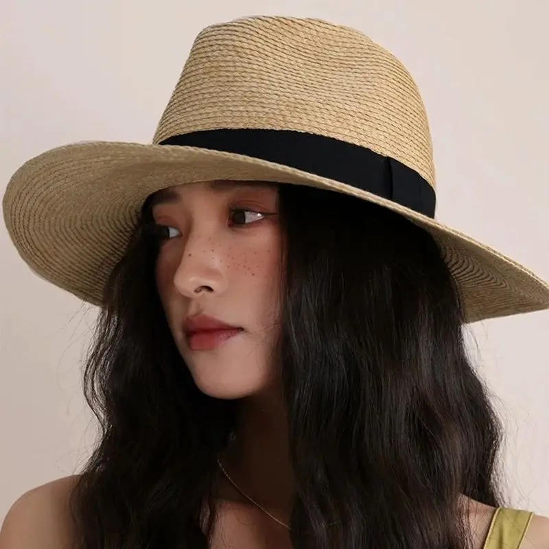 Luna&Dolphin Women Summer Large-brimmed Jazz Hat Sun Hat Hair Band Nature Color Seaside Vacation Sunscreen Beach Hat Panama Cap