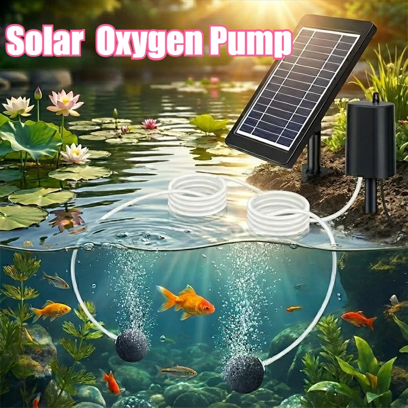 Solar Air Pump/Pond Pump, 4W Upgraded Solar Panel Built in 2200mAh Battery, with Double Air Bubble Stones, for Aquarium Pond Etc