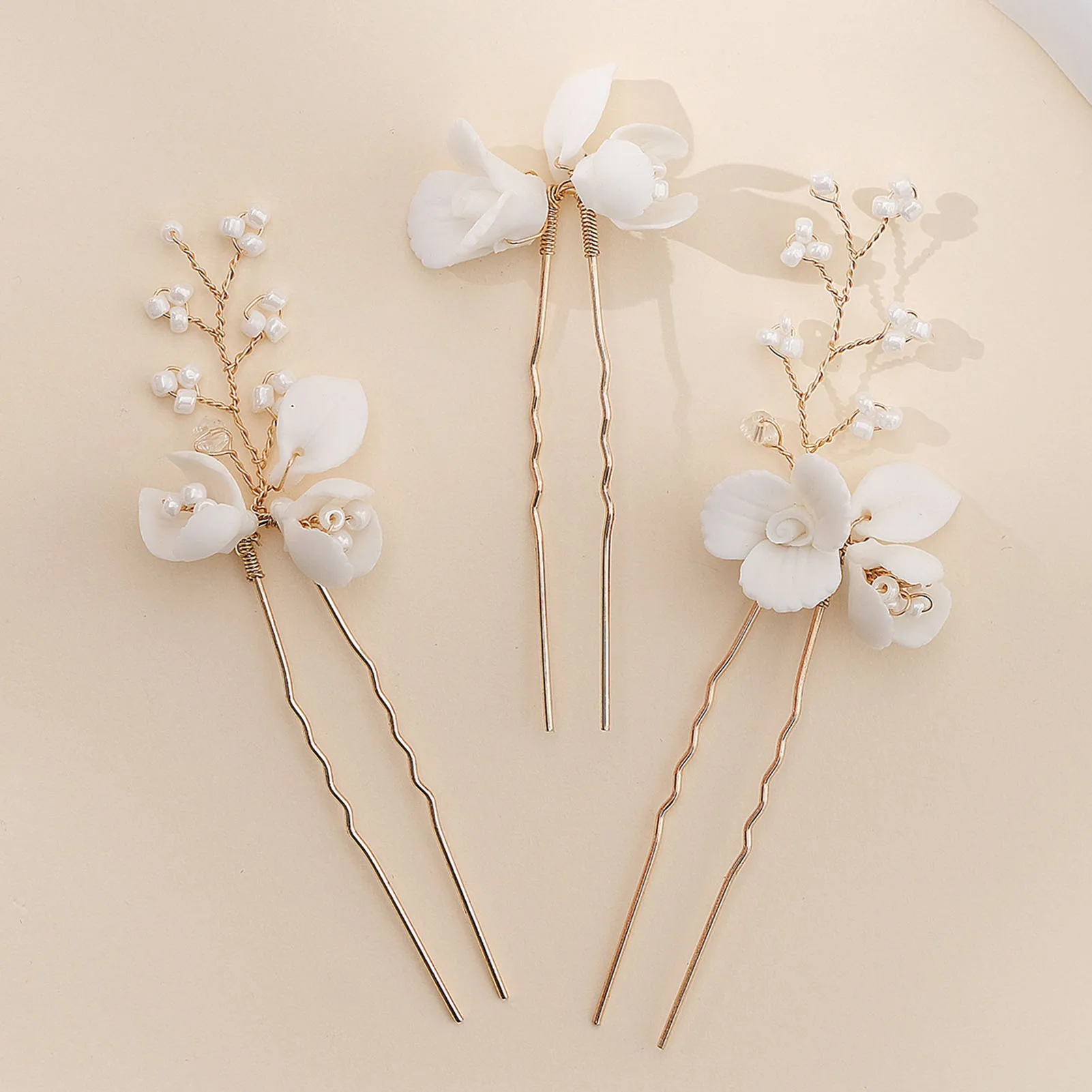 3PCS Handmade Ceramic Flower U-Shape Hairpin Anti-slip Stable Grip Wedding Bridal Headdress for Birthday Stage Party Hairstyle