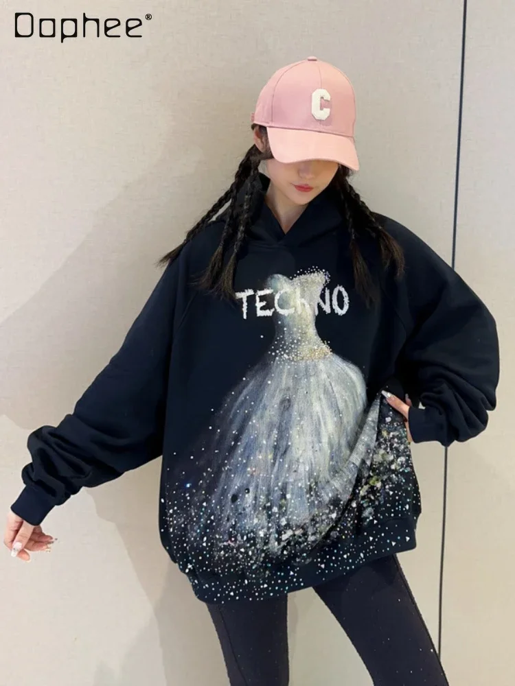 

Fashion Rhinestone Hooded Oversized Black Hoodies Female Spring Autumn Fashion Shiny Rhinestone Long Sleeve Casual Sweatshirts