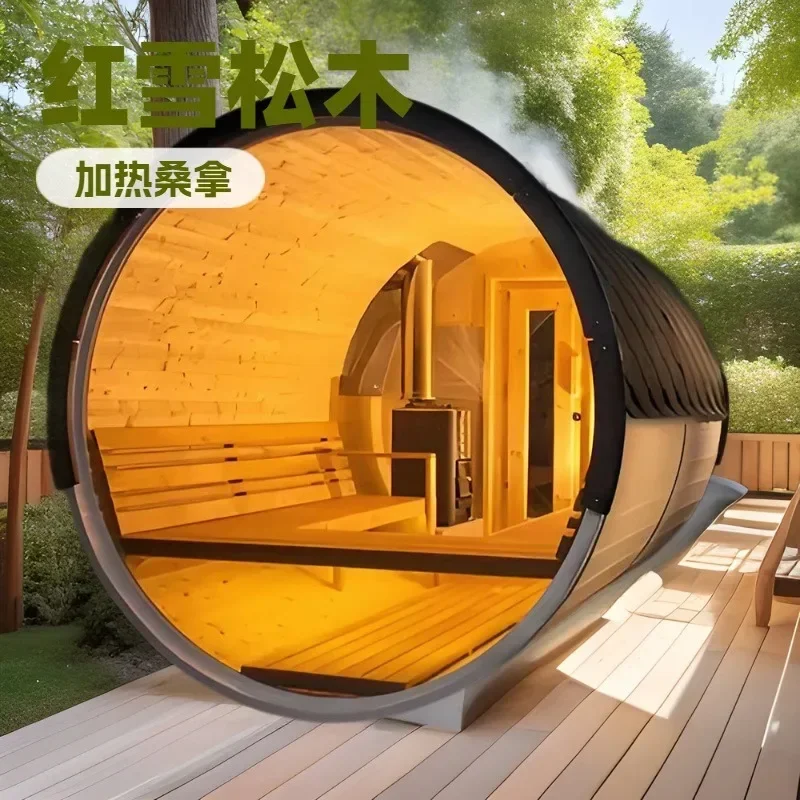 Outdoor sauna, drum dry sauna, volcanic stone heating, side door, sweat sauna