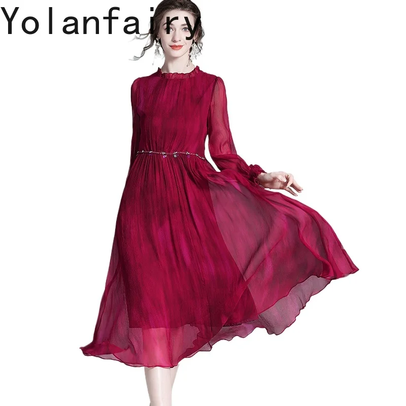 YOLANFAIRY New Autumn 100% Real Mulberry Silk Dresses Woman High-end Elegant Women Dress Cinched Waist Long Sleeve Dress Robe