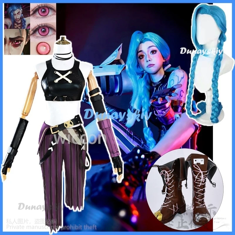 LoL Jinx Cosplay Hohe Qualität Kostüm Anime Spiel Sexy Uniform Top Hosen Perücke Schuhe Für Frau Mädchen Halloween Weihnachten Angepasst