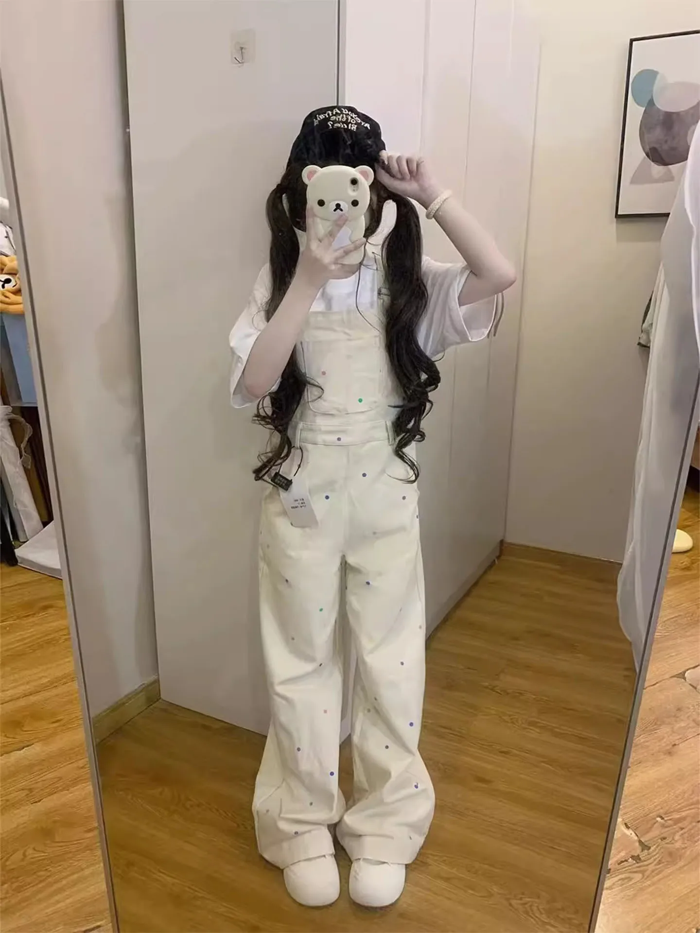 かわいいクマの水玉模様ストレートレッグオーバーオール女性夏ドパネルーズカジュアル小さいサイズ多用途ワンジーパンツ