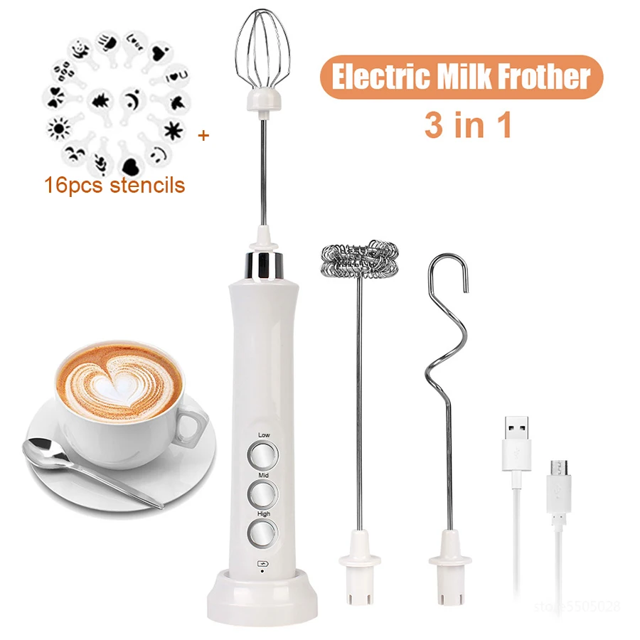 Machine à mousser le lait électrique portable, fabricant de mousse USB, batteur à œufs pour cappuccino, mélangeur à 3 vitesses, 16 galets, café,