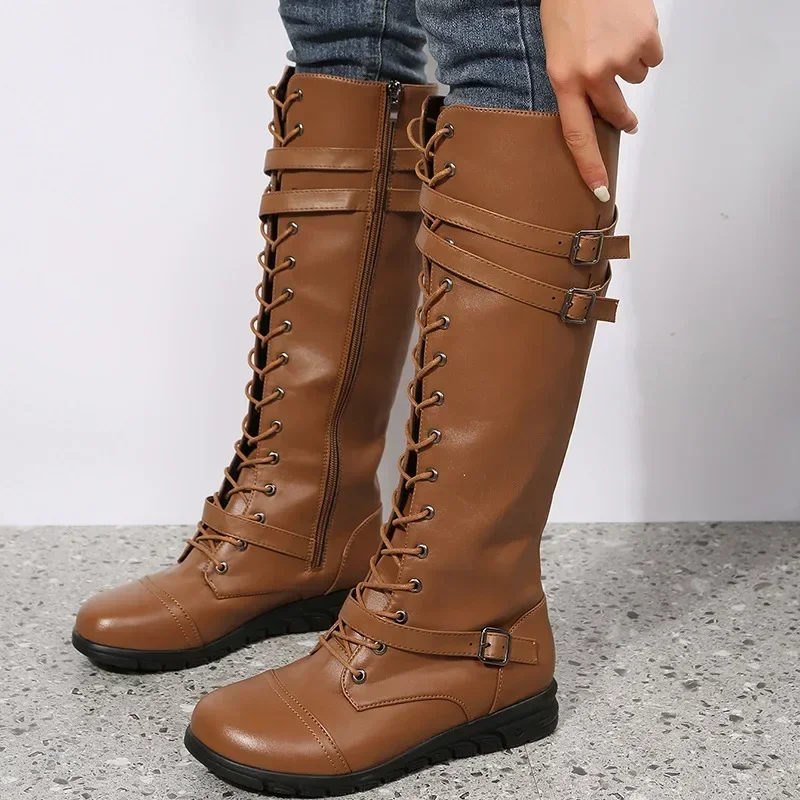 Knee High Boots Women Fashion Buckle High Tube PU Leather Boots Woman Zip Low Heels Long Botas Mujer Plus Size 43