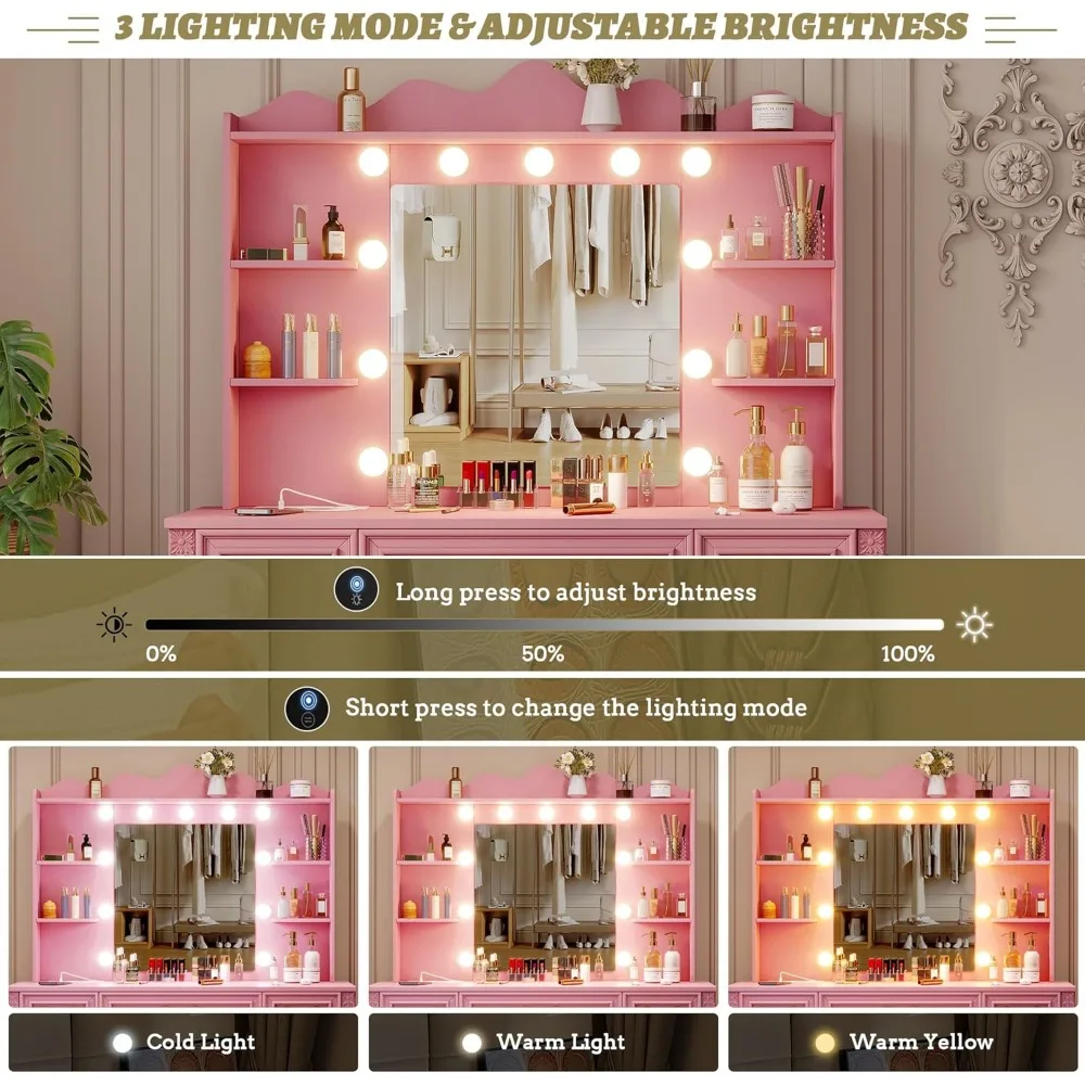 مكتب زينة مكياج كبير بإضاءة LED مع قاعدة شحن و6 أدراج، 43.3 طاولة تزيين للمكياج للتنظيم #3